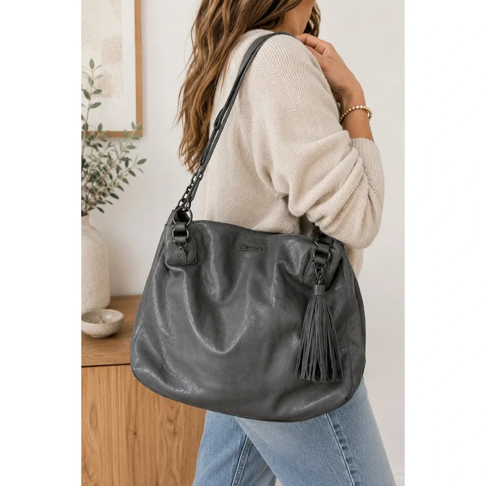IKKS Gray Leather Slouchy Hobo‎ Tote Crossbody $450 MSRP